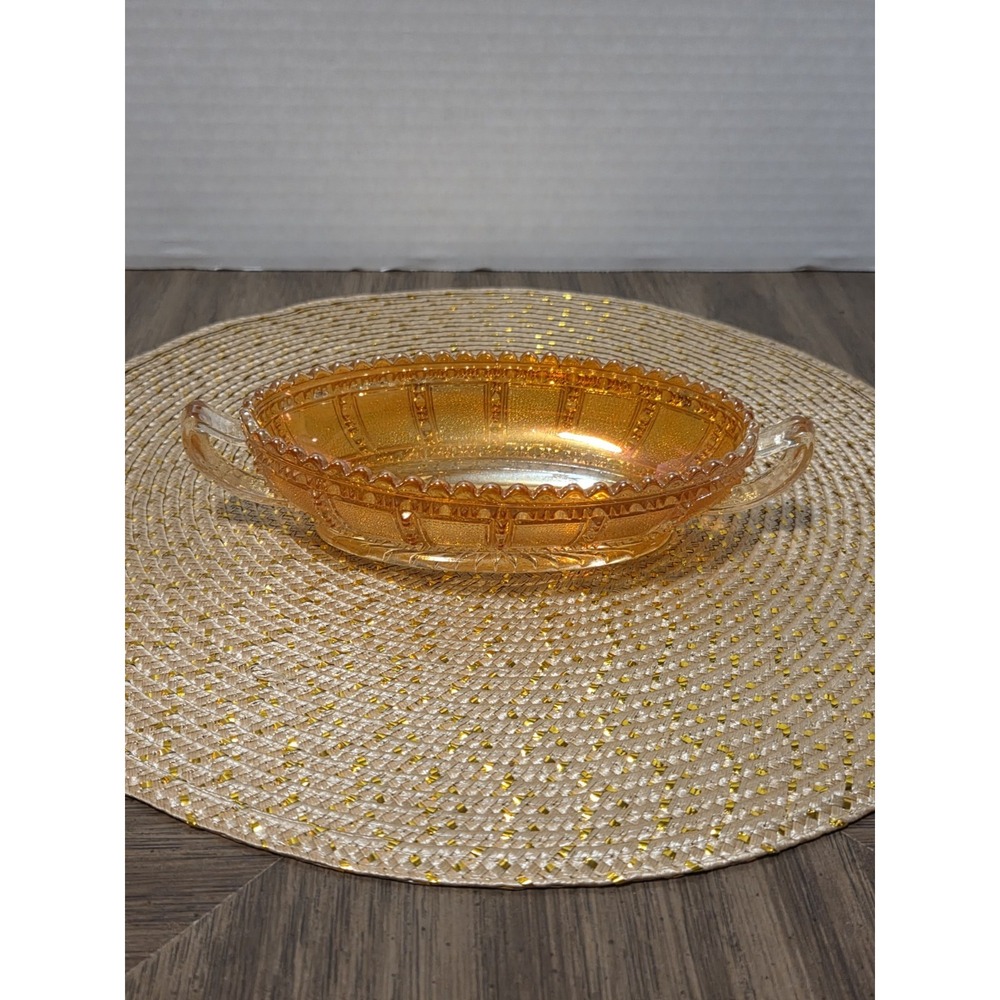 vintage Imperial Glass marigold carnival glass double-handled Dish Beaded Block